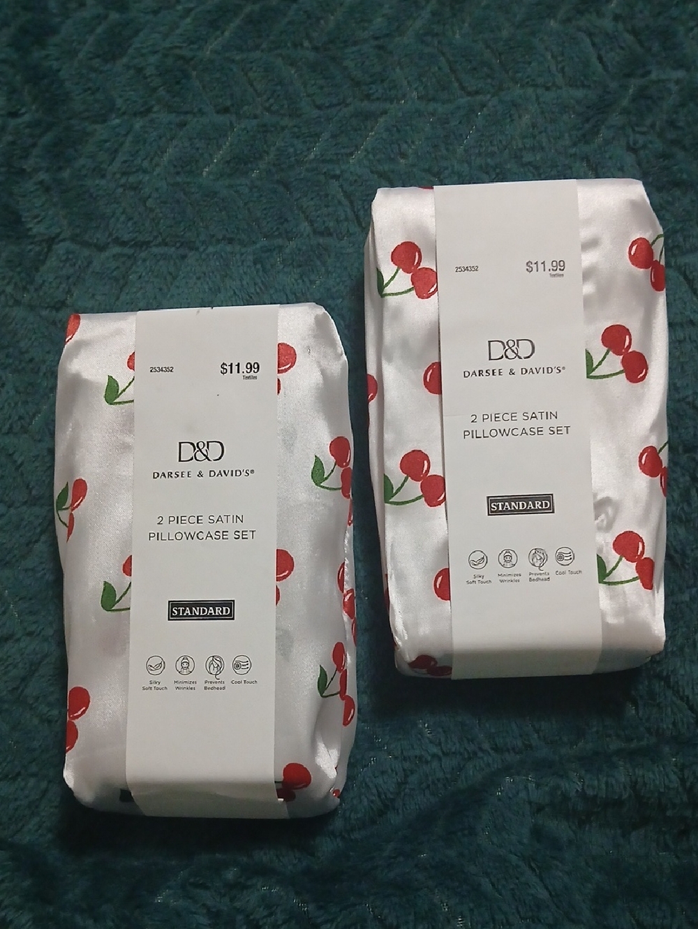 2 D&D Darseé & David's Satin Cherry Pillowcase Set - White with Red Cherries